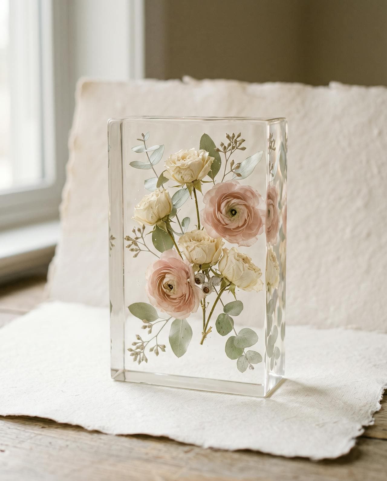 Bloque de resina cristalina con flores secas suspendidas, junto a una ventana