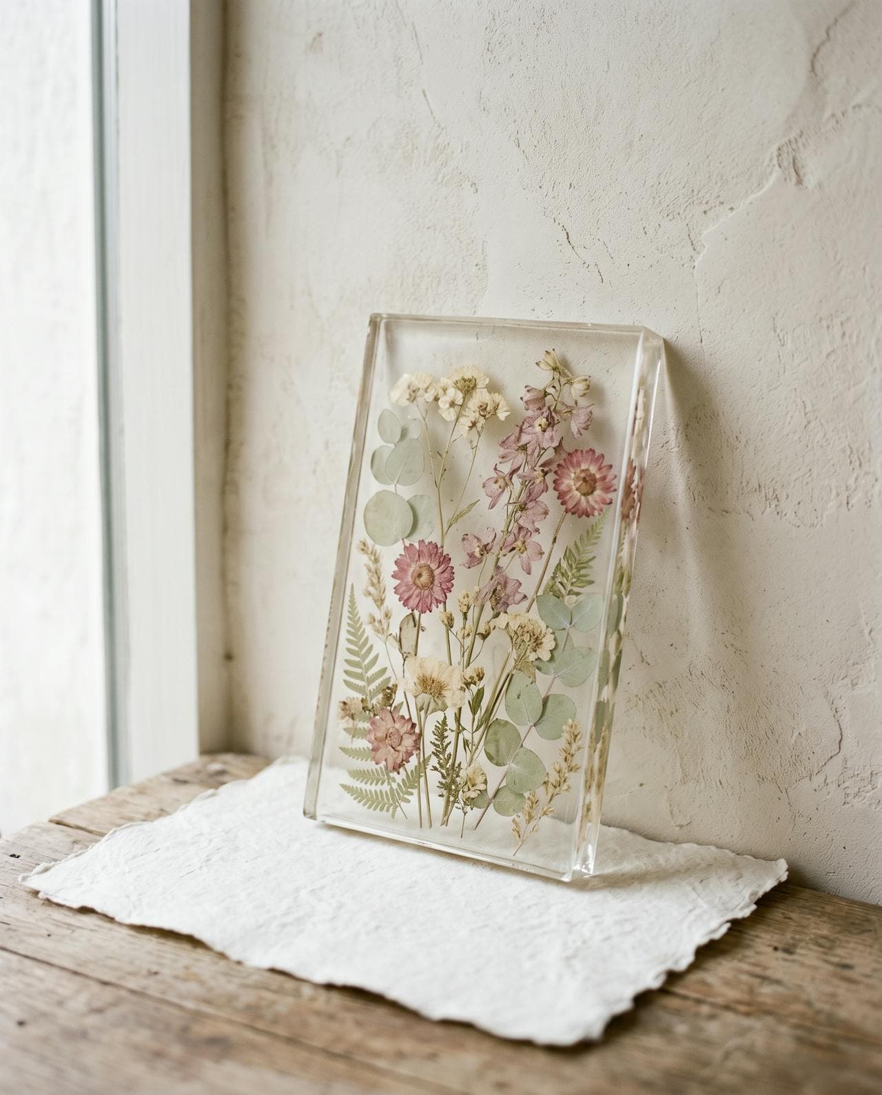 Panel de resina con flores prensadas, apoyado contra una pared clara
