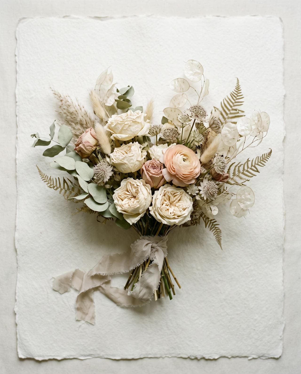 Ramo de novia seco de rosas color crema, ranúnculos y eucalipto, apoyado sobre papel de algodón